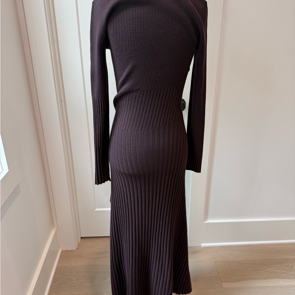 ALC Brown Ribbed crew Neck Long Sleeve Dress